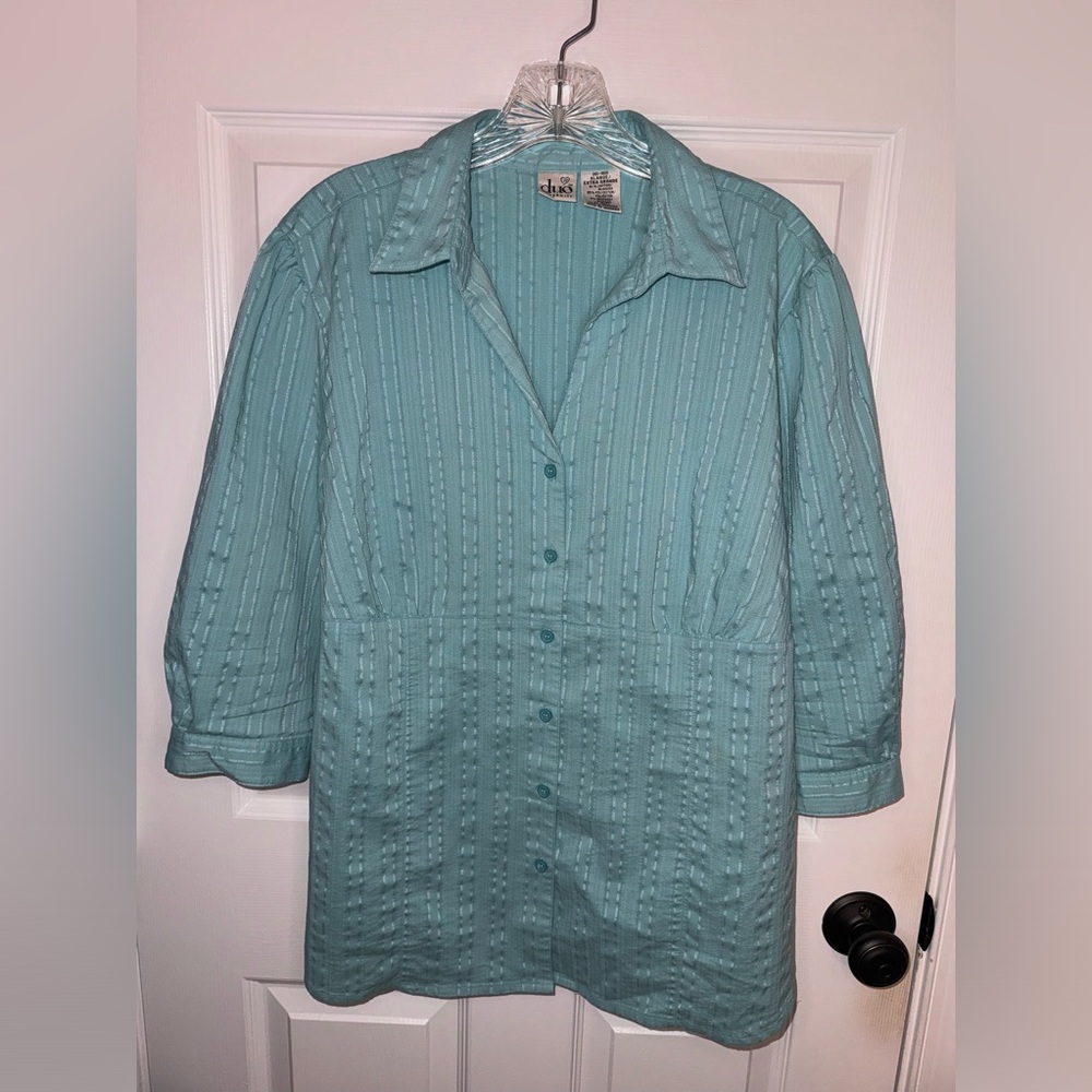 duo Maternity button-down v-neck top 3/4 sleeve XL Teal blue/mint Stretch fabric